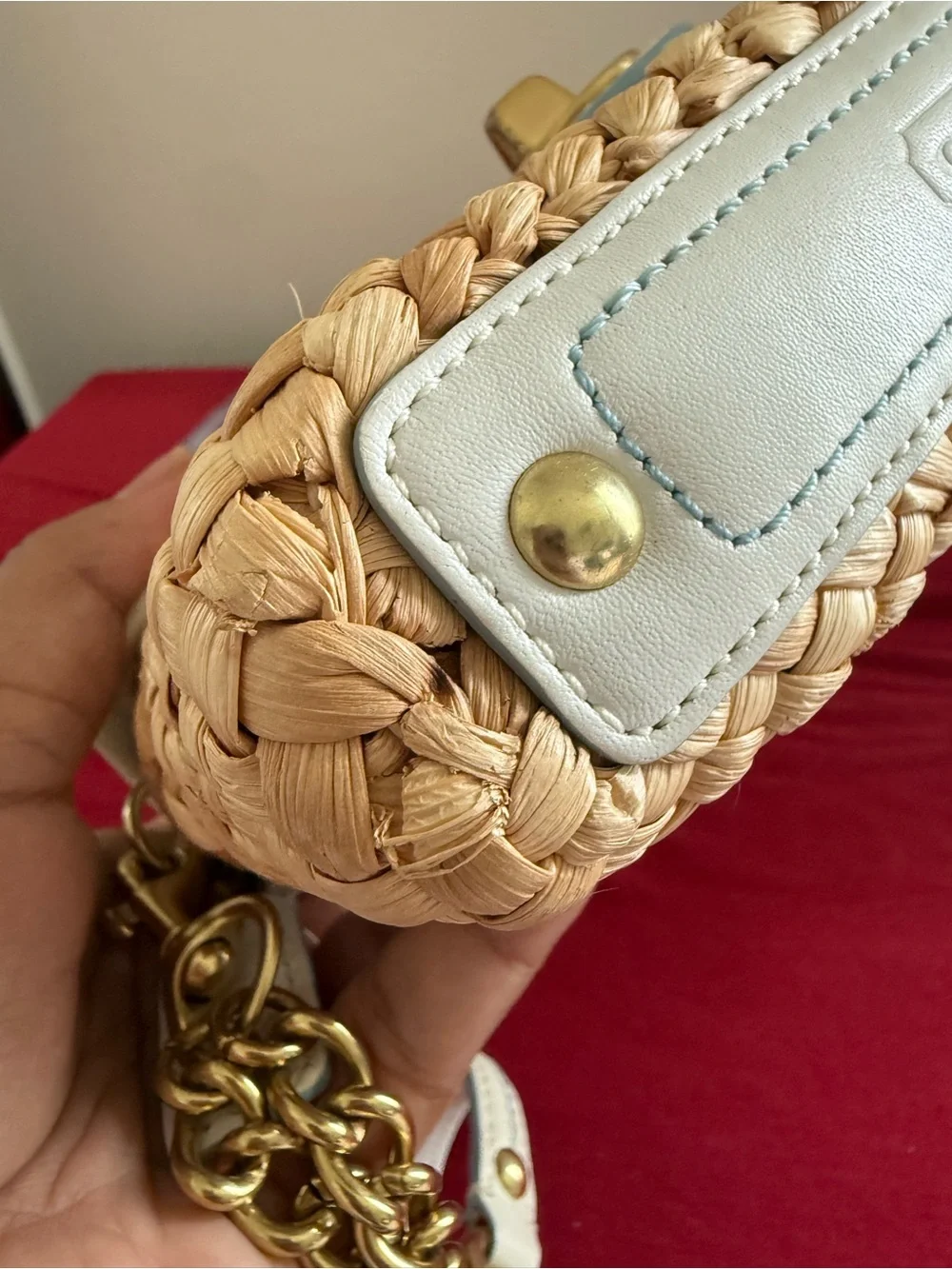 Coach Natural Straw and White Leather Turnlock Crossbody